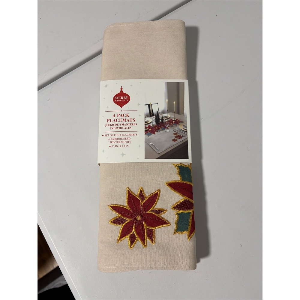 Merry Moments 4 Pack Placemats Embroidered Winter Motifs Christmas Poinsettia
